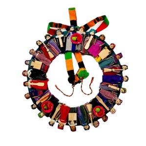 Guatemalan Worry Doll Wreath Cloth Folk Art with Burlap Bag